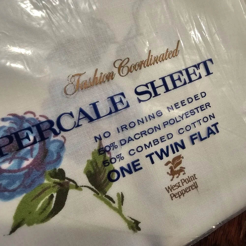 MARTEX Luxor blue rose vintage twin flat fitted sheet set floral percale NOS